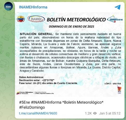 Conozca el pronóstico del Inameh para este #5Ene