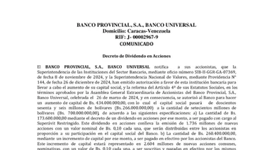 BANCO PROVINCIAL, S.A., BANCO UNIVERSAL COMUNICADO 09 ENE 25
