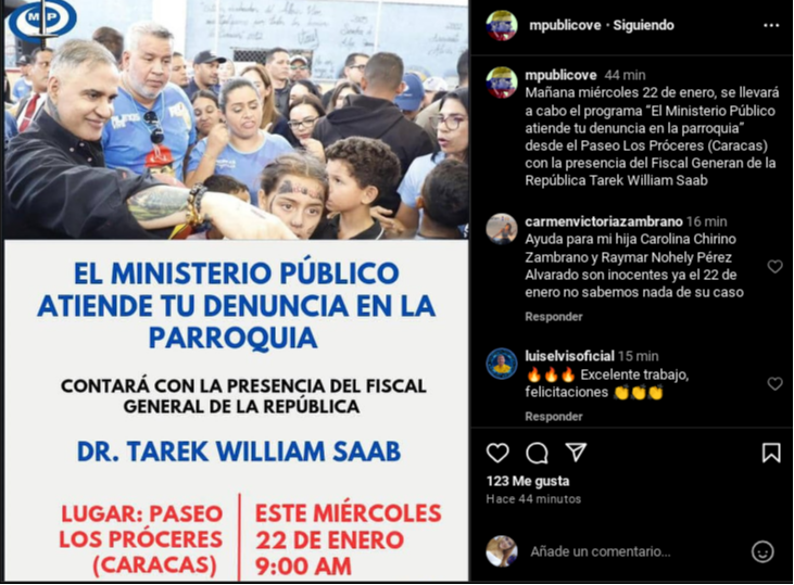 “El Ministerio Público atiende tu denuncia en la parroquia” llega este 22 de enero a Los Próceres: Saab estará presente