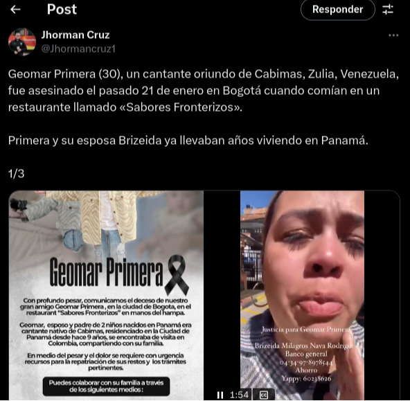 Cantante zuliano fue asesinado en un restaurante en Bogotá: Era padre de 2 hijos Cantante zuliano fue asesinado en un restaurante en Bogotá: Era padre de 2 hijos