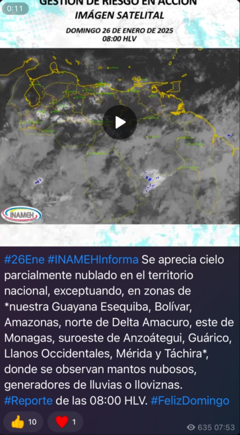 Inameh última hora: Pronostican nubosidad asociada a lluvias dispersas este 26 de enero