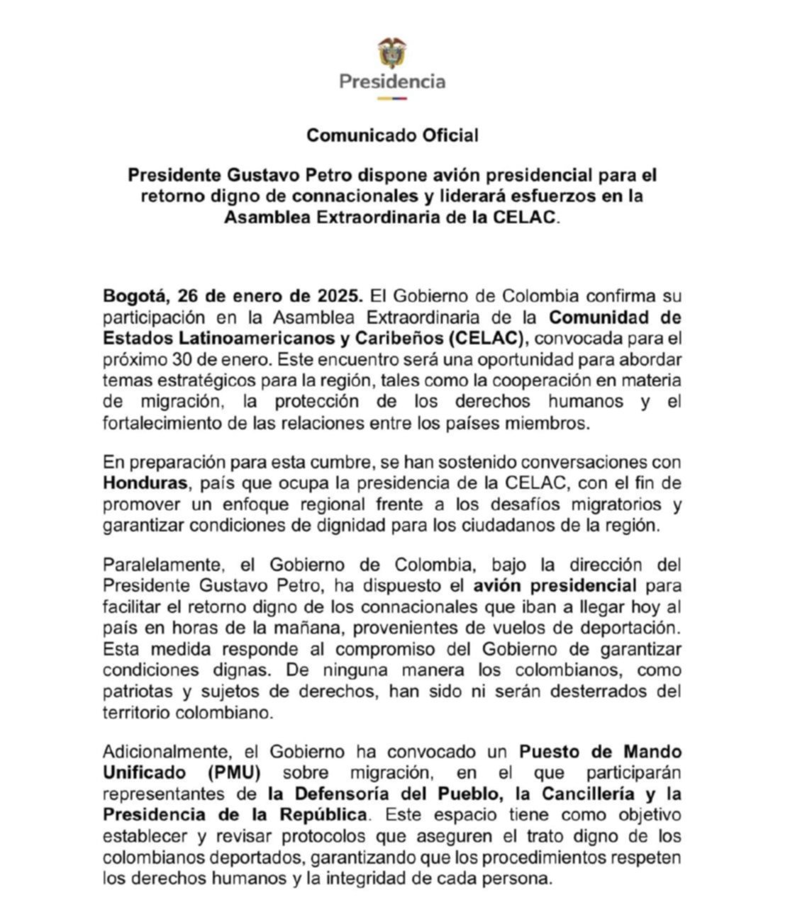 Gobierno de Colombia dispone del avión presidencial para el retorno de migrantes deportados de Estados Unidos
