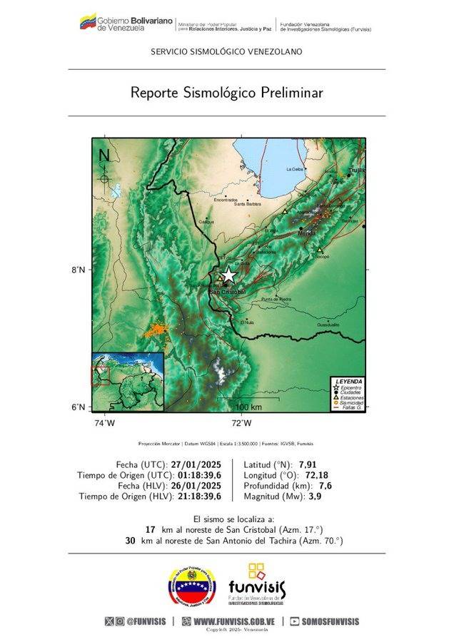 Reportan sismo de magnitud 3.9 en Táchira este 26 de enero