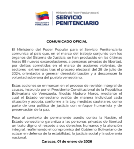Comunicado: excarcelan a 88 personas detenidas durante actos violentos en 2024