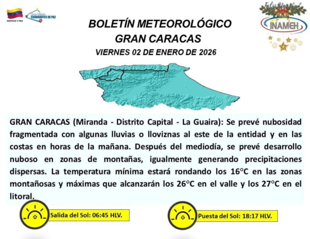 Pronóstico del tiempo en Venezuela para este 2 de enero: buen clima durante la mañana Pronóstico del tiempo en Venezuela para este 2 de enero: buen clima durante la mañana