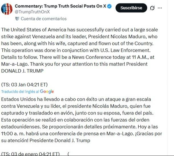 Trump anuncia presunta captura de Maduro y Cilia Flores: no hay información oficial del gobierno de Venezuela