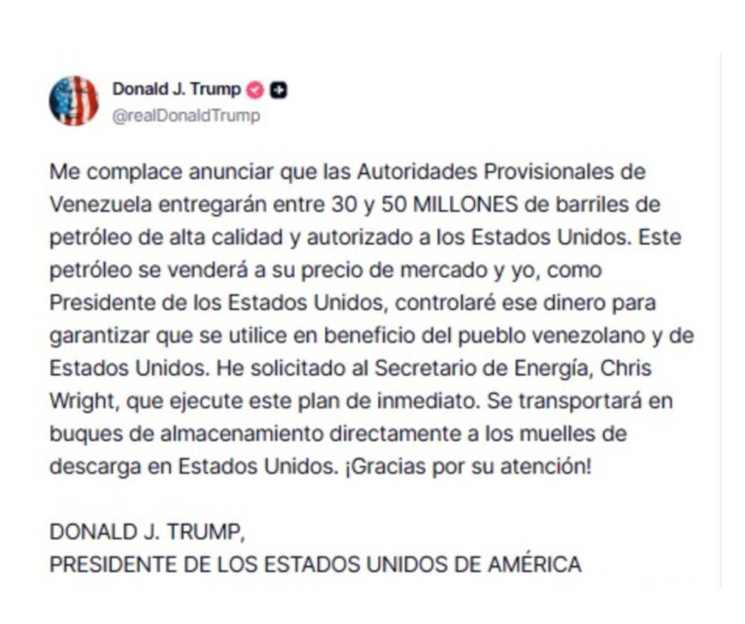 Trump anuncia que Venezuela entregará entre 30 y 50 millones de barriles de petróleo a EEUU