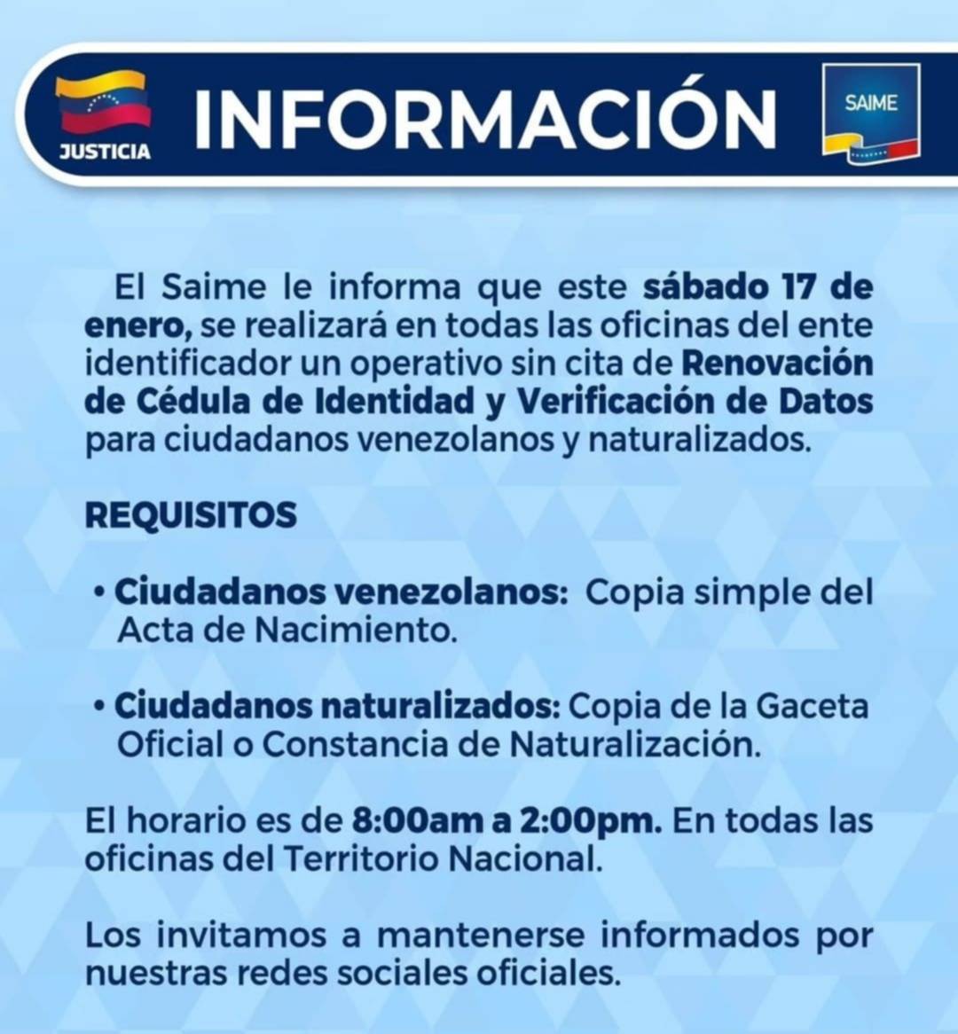 SAIME anuncia jornada especial para el 17 de enero en todas sus sedes: detalles