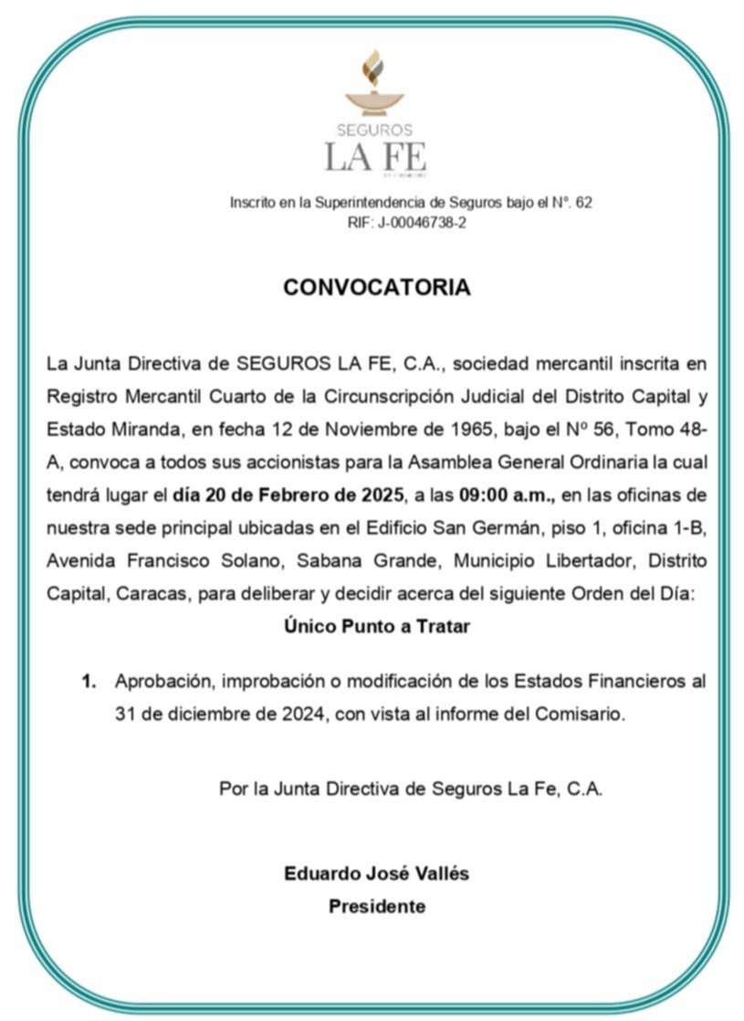 SEGUROS LA FE C.A. CONVOCATORIA 06 FEB 2025