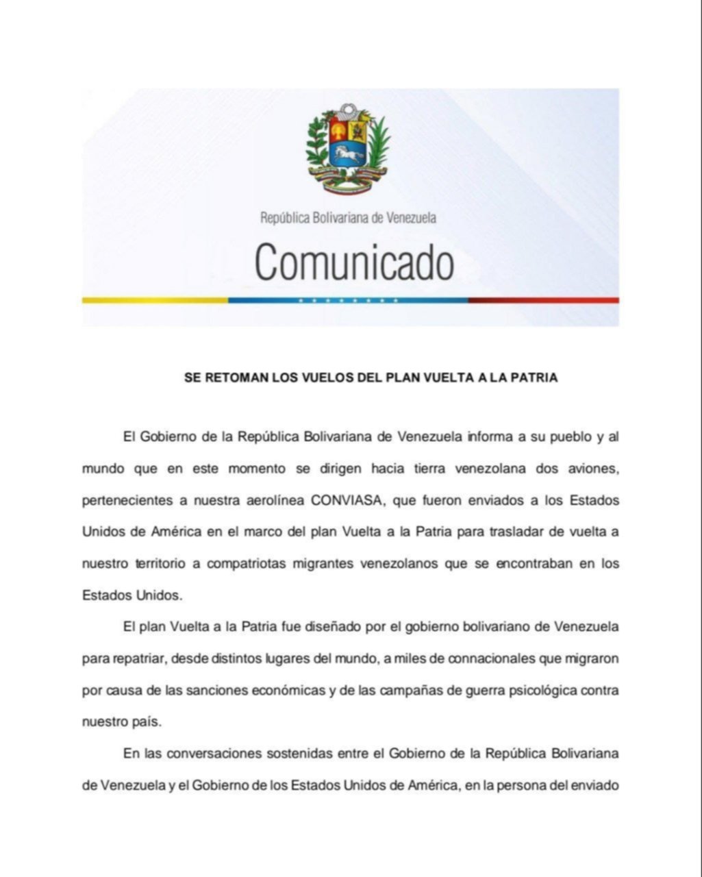 Venezuela confirma envío de aviones a USA para traslado de connacionales deportados