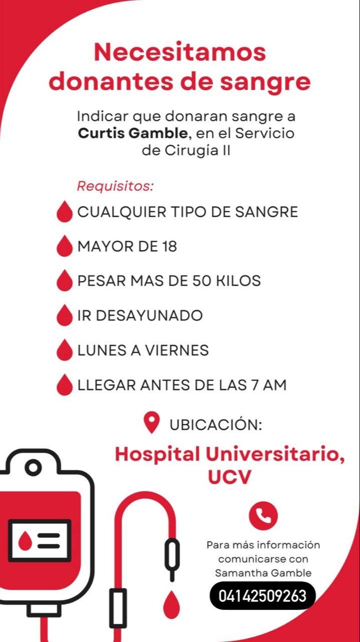 Servicio Público: Requieren donantes de sangre para paciente en el HCU de Caracas Servicio Público: Requieren donantes de sangre para paciente en el HCU de Caracas
