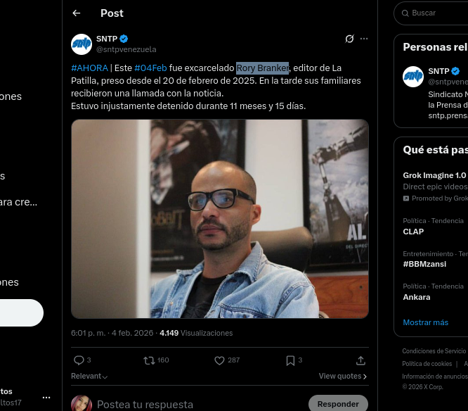 Excarcelan al periodista Rory Branker este 4 de febrero: duró casi 12 meses en prisión 
