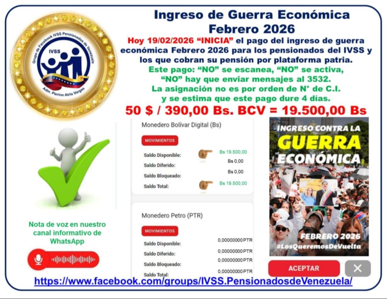 Arranca el pago de Ingreso de Guerra Económica para pensionados este 19 de febrero: monto asignado