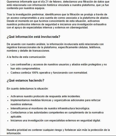 Cashea envía correos a usuarios que pudieron verse afectados con la filtración de datos personales: detalles