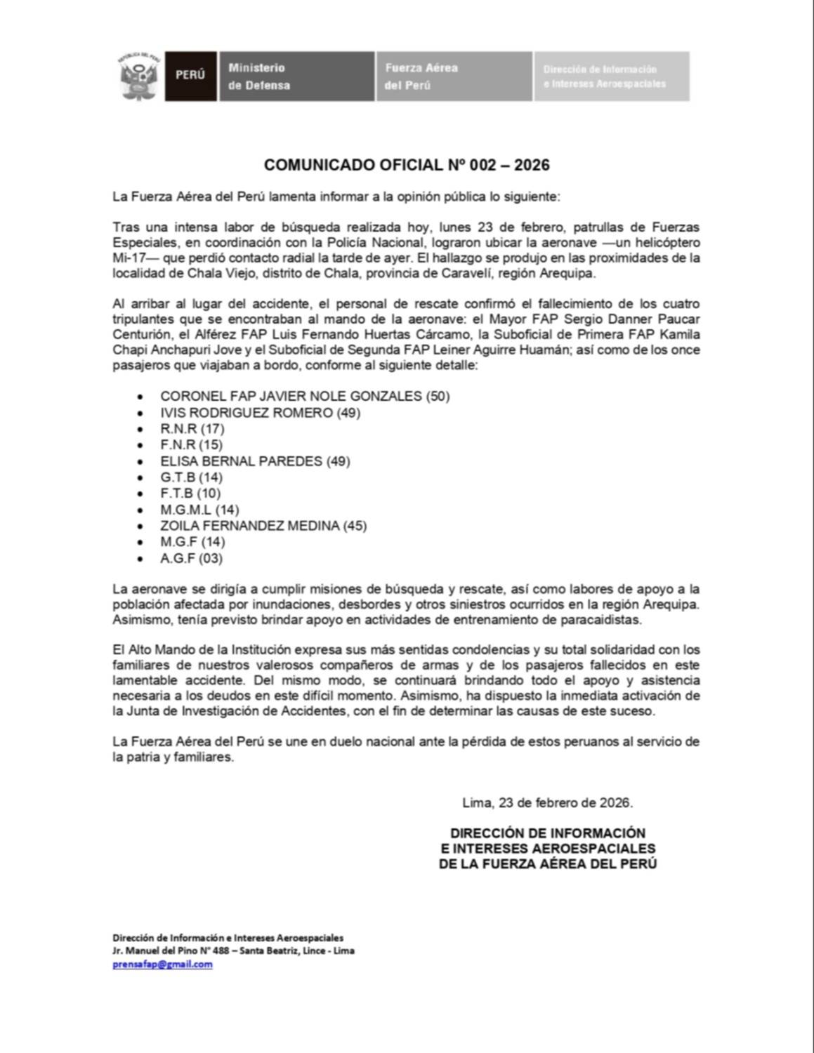 Tragedia aérea en Perú: 15 fallecidos al estrellarse helicóptero militar en misión de rescate Tragedia aérea en Perú: 15 fallecidos al estrellarse helicóptero militar en misión de rescate