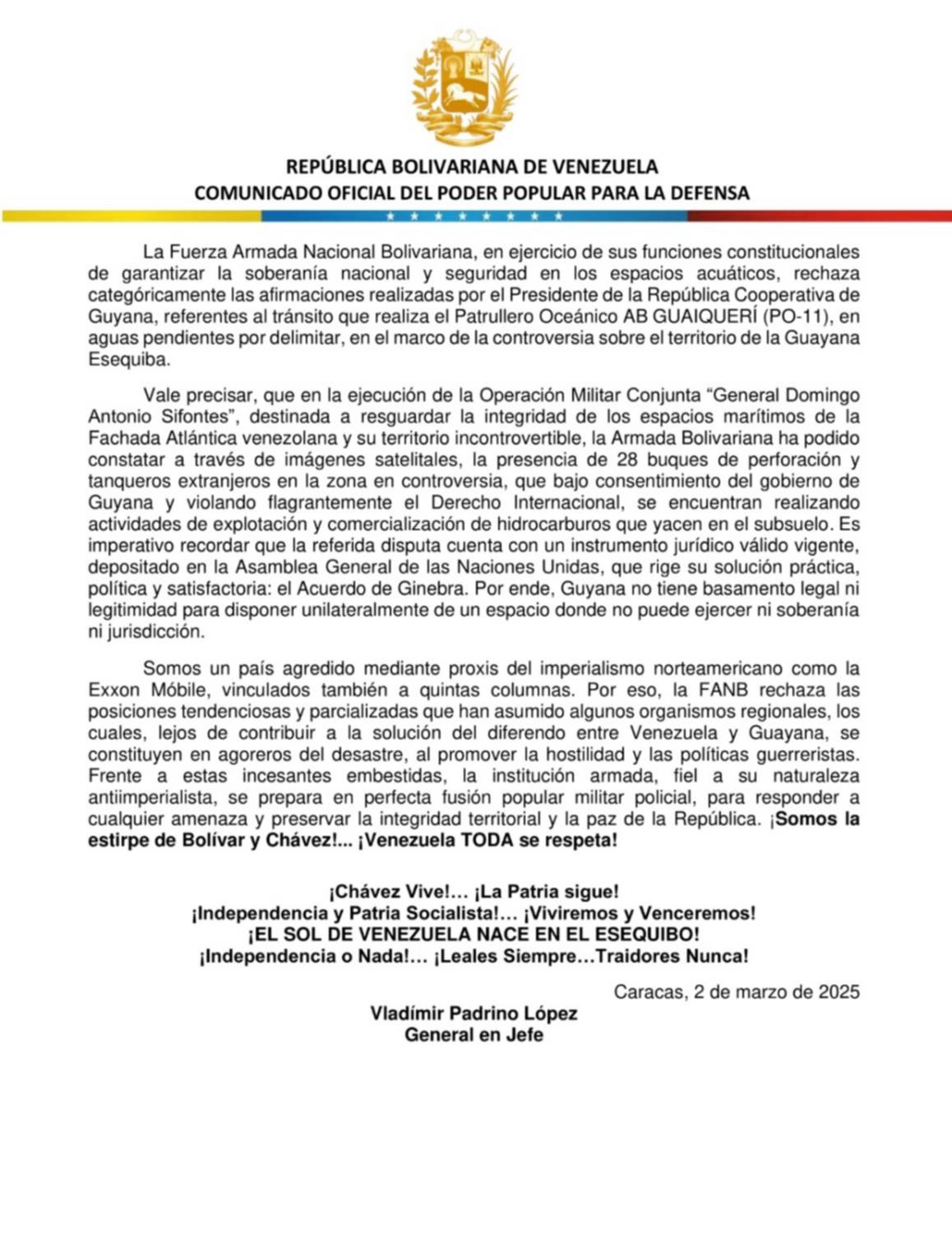 FANB se pronuncia por el tránsito del buque venezolano en zona de controversia con Guyana