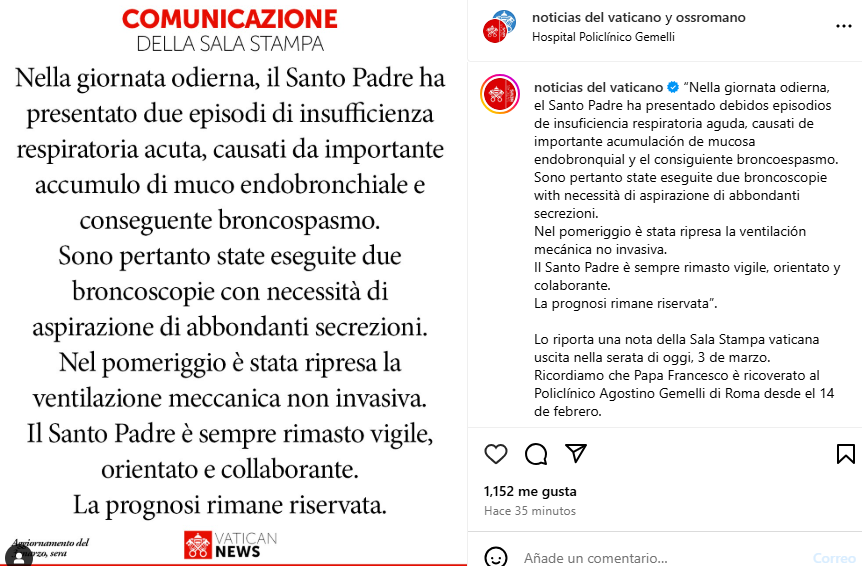 Papa Francisco retorna a la ventilación mecánica tras nueva crisis de broncoespasmo Papa Francisco retorna a la ventilación mecánica tras nueva crisis de broncoespasmo