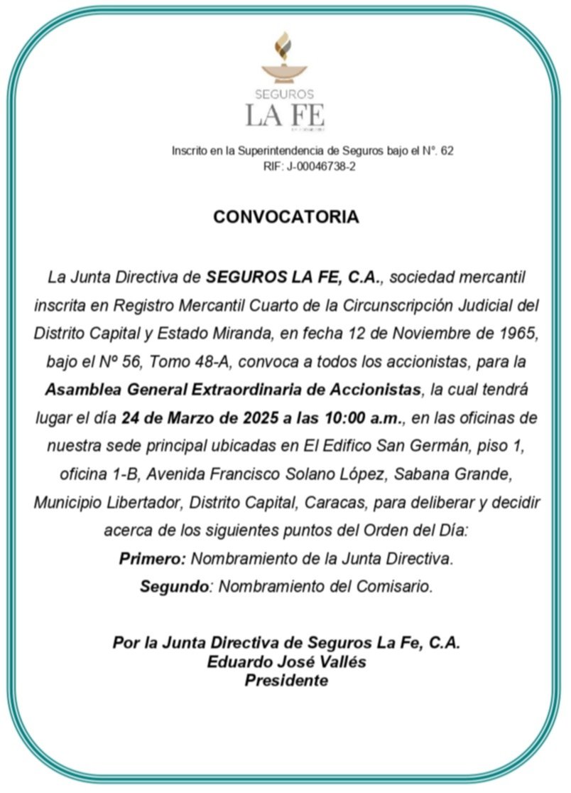 SEGUROS LA FE C.A. CONVOCATORIA 06 MAR 2025