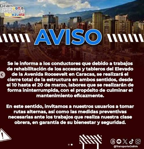 Habrá cierre total del elevado de la avenida Roosevelt de Caracas: inicia el lunes 10 de marzo