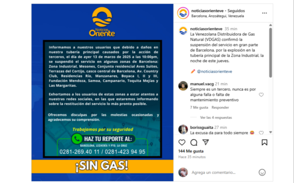 Sectores de Anzoátegui afectados por avería en tubería matriz de gas este 14 de marzo Sectores de Anzoátegui afectados por avería en tubería matriz de gas este 14 de marzo