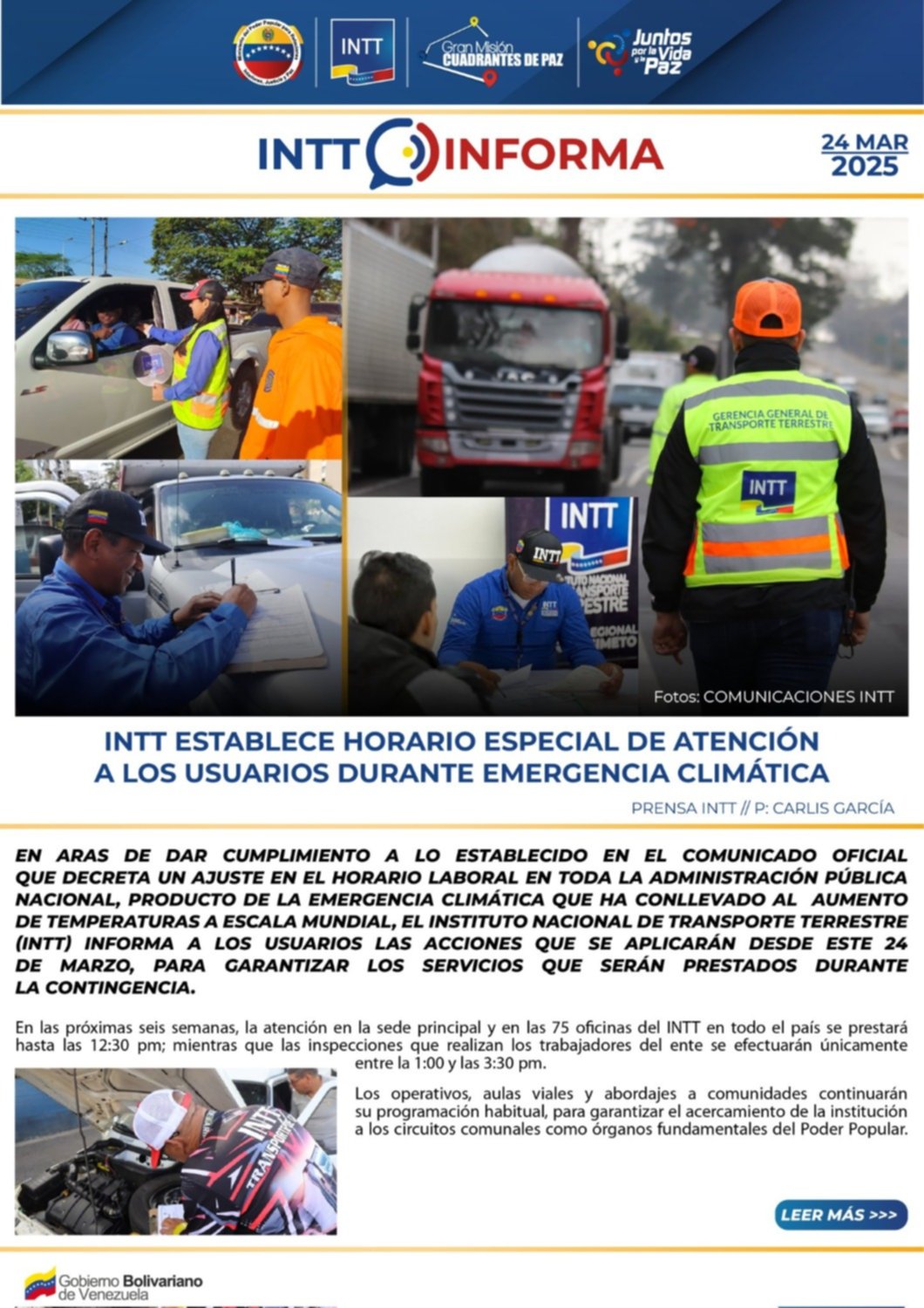 El INTT anuncia ajuste en su horario laboral: Así será la atención durante la contingencia climática