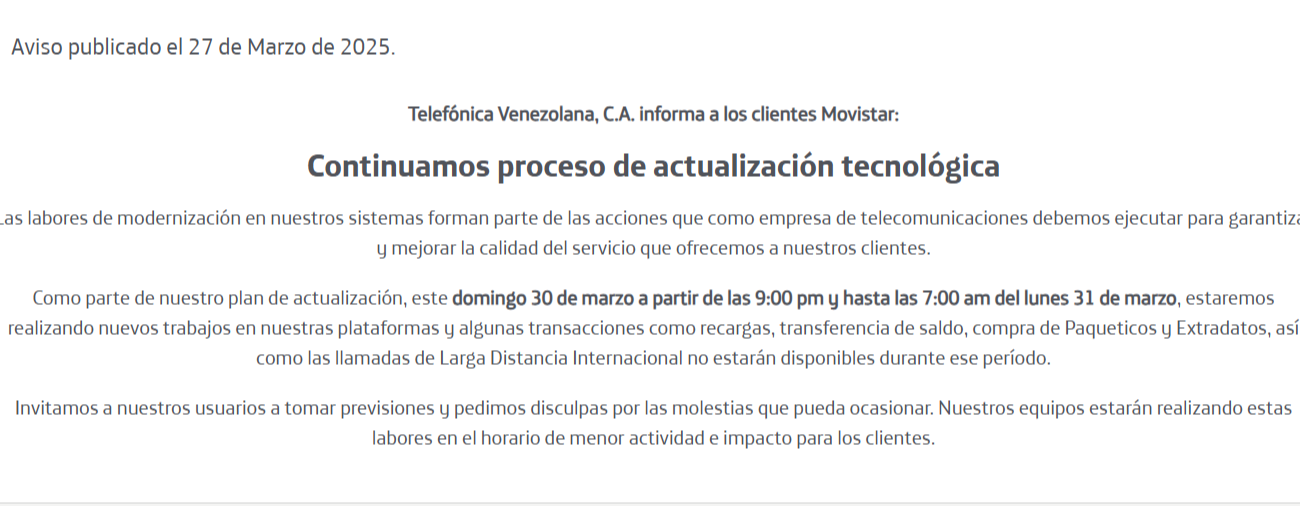 Movistar suspenderá temporalmente algunos servicios en Venezuela: aquí los detalles