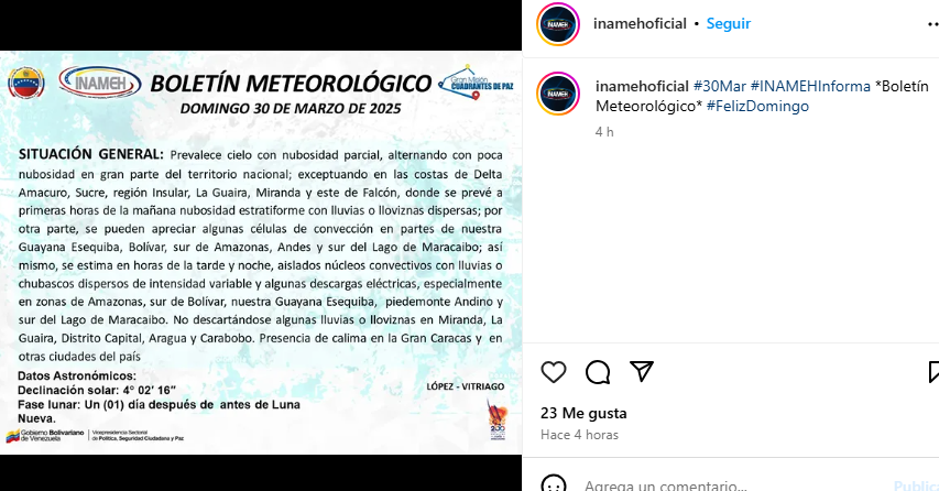 Pronóstico Inameh: Se espera nubosidad y lloviznas en horas de la mañana Pronóstico Inameh: Se espera nubosidad y lloviznas en horas de la mañana