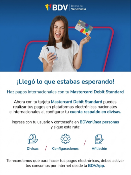 Tarjeta de Débito Mastercard del BDV ahora permite hacer consumos internacionales: así debes configurarla 