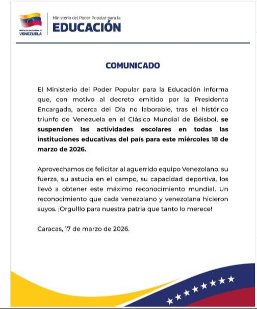 ¿Hay clases este 18 de marzo?: comunicado del Ministerio de Educación tras la victoria de Venezuela en el Clásico Mundial de Béisbol