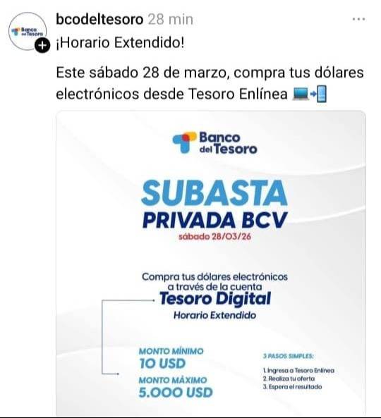 ¿Dónde habrá subasta de dólares electrónicos el sábado 28 de marzo?