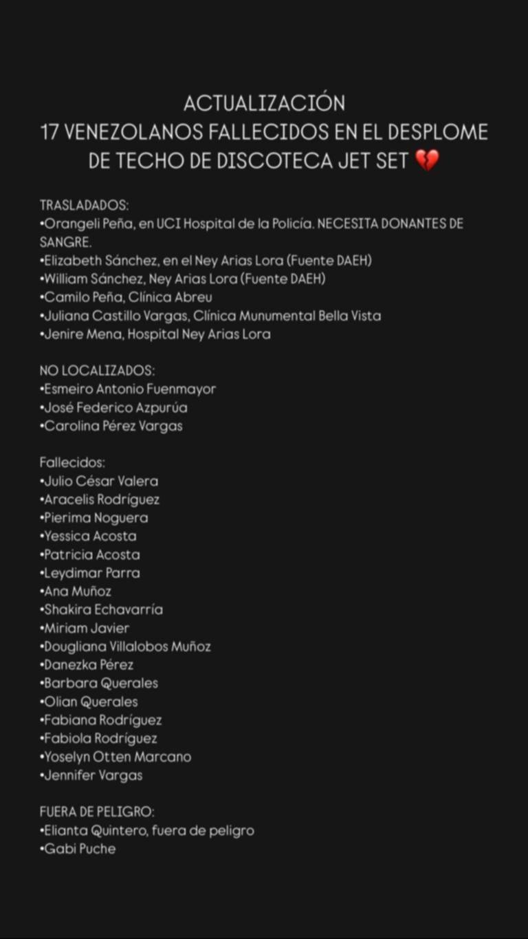 Asciente a 17 la cifra de venezolanos fallecidos tras desplome de la discoteca Jet Set