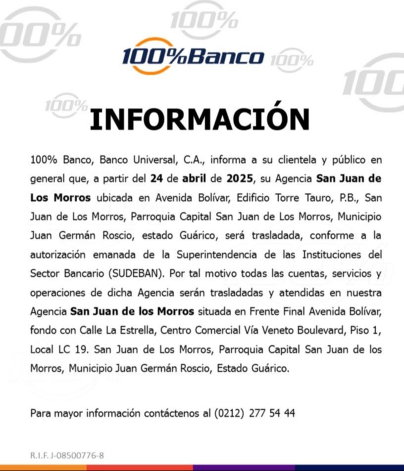 AVISO TRASLADO DE AGENCIA 100% BANCO 14 ABR 2025