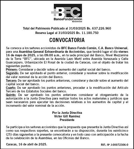 CONVOCATORIA BFC BANCO FONDO COMÚN 16 ABR 2025