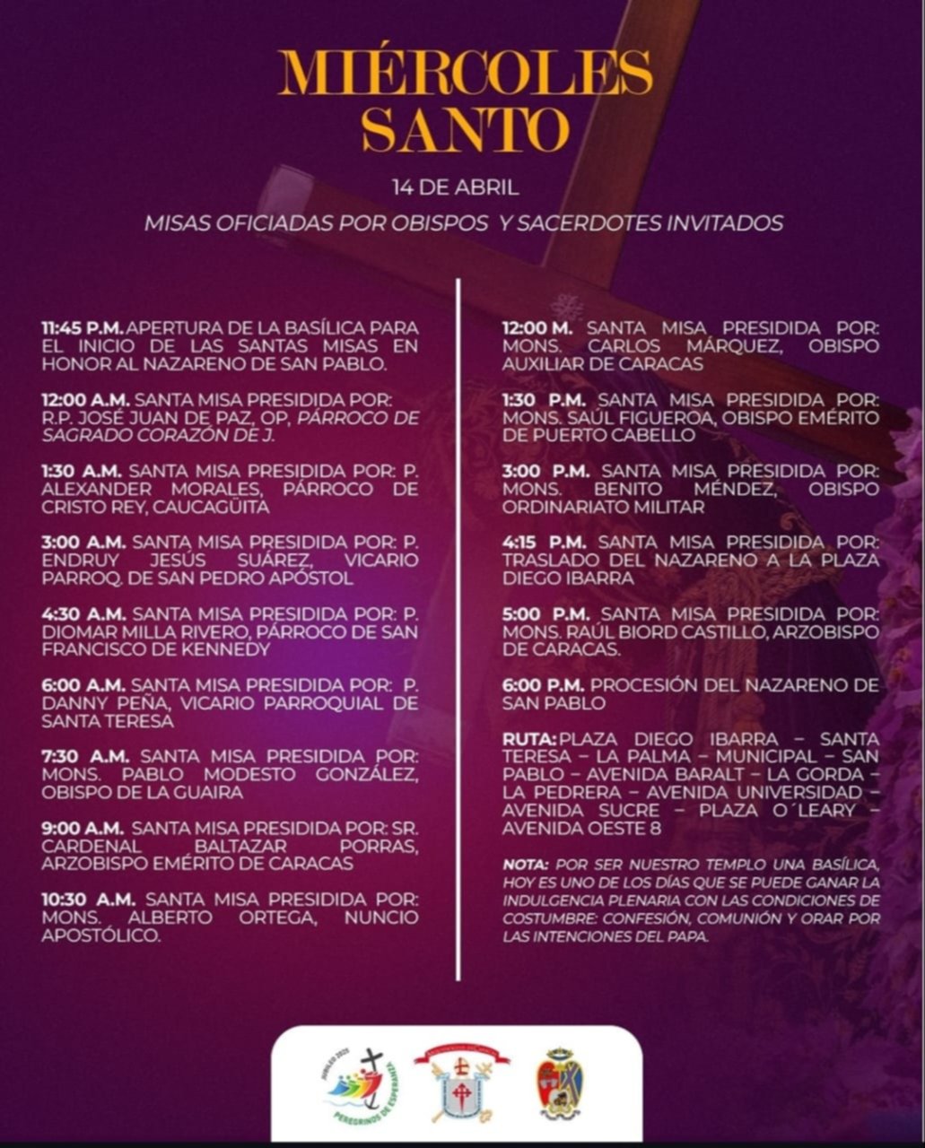 Ruta del Nazareno de San Pablo hoy miércoles Santo en Caracas: cronograma de misas