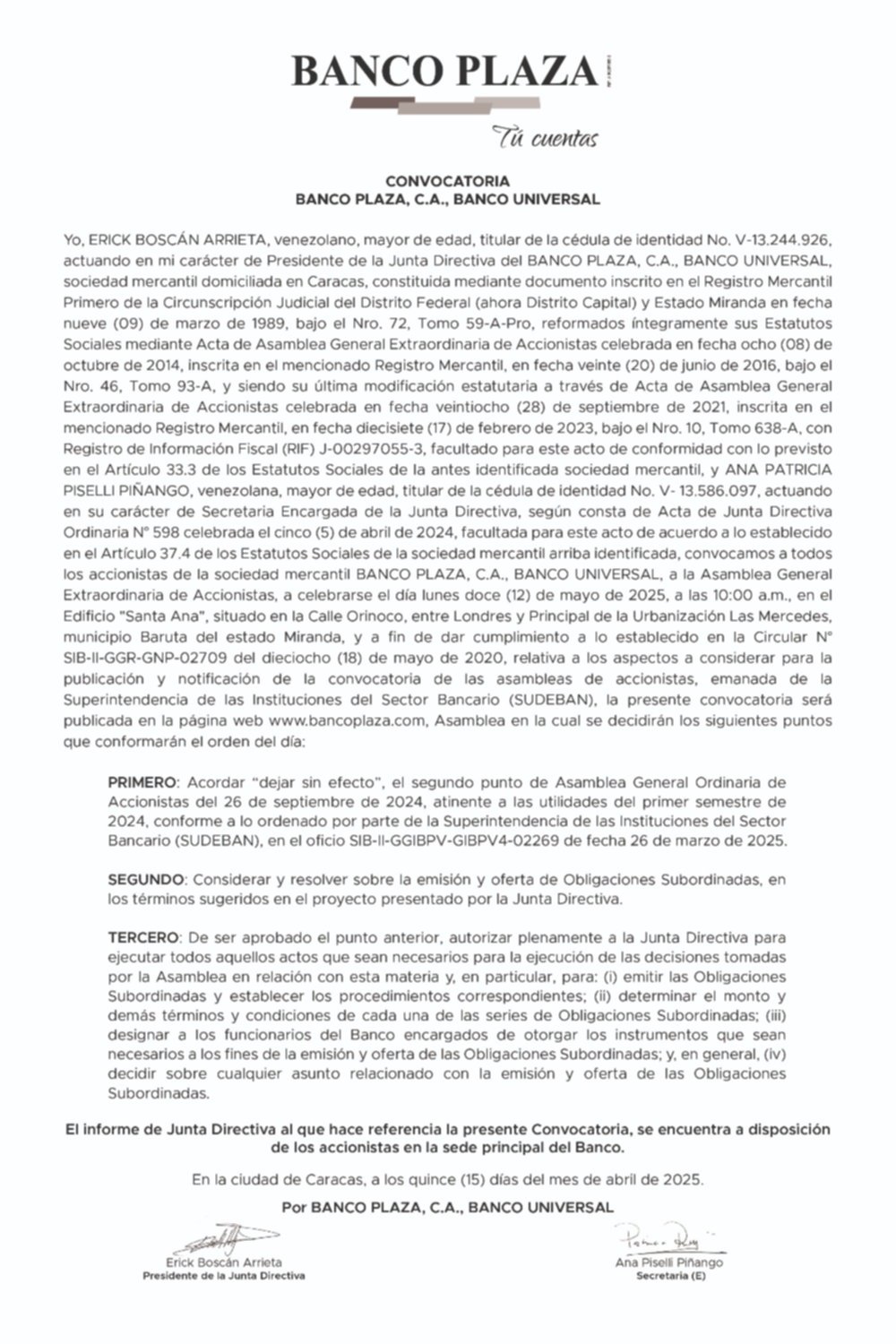 CONVOCATORIA BANCO PLAZA, C.A. 15 ABR 2025