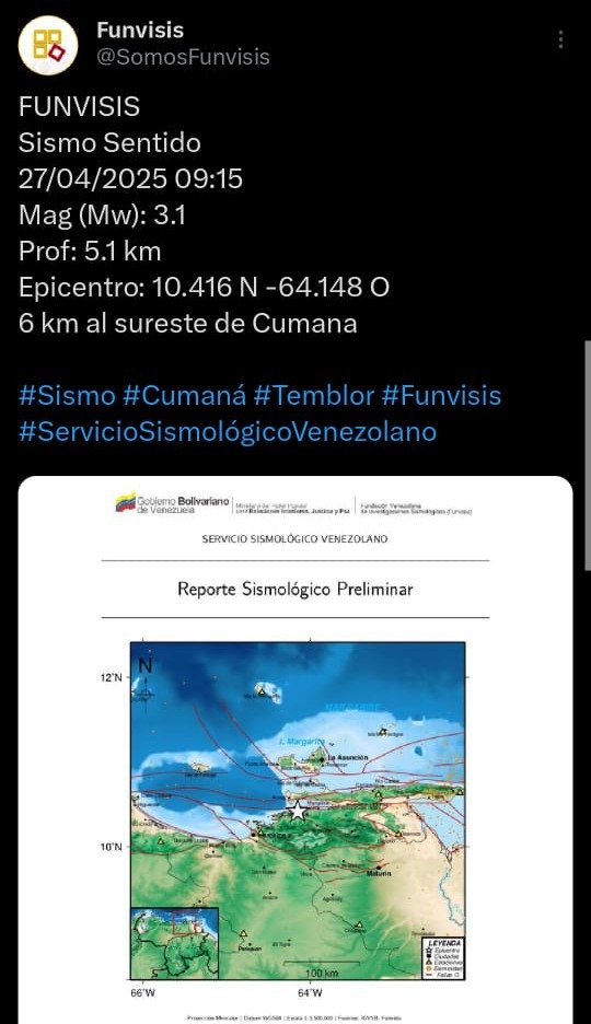 Funvisis: reportan sismo en Cumaná este 27 de abril Funvisis: reportan sismo en Cumaná este 27 de abril