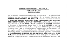 CONVOCATORIA CORPORACIÓN TURÍSTICA RH 2005, S.A. 28 ABR 25