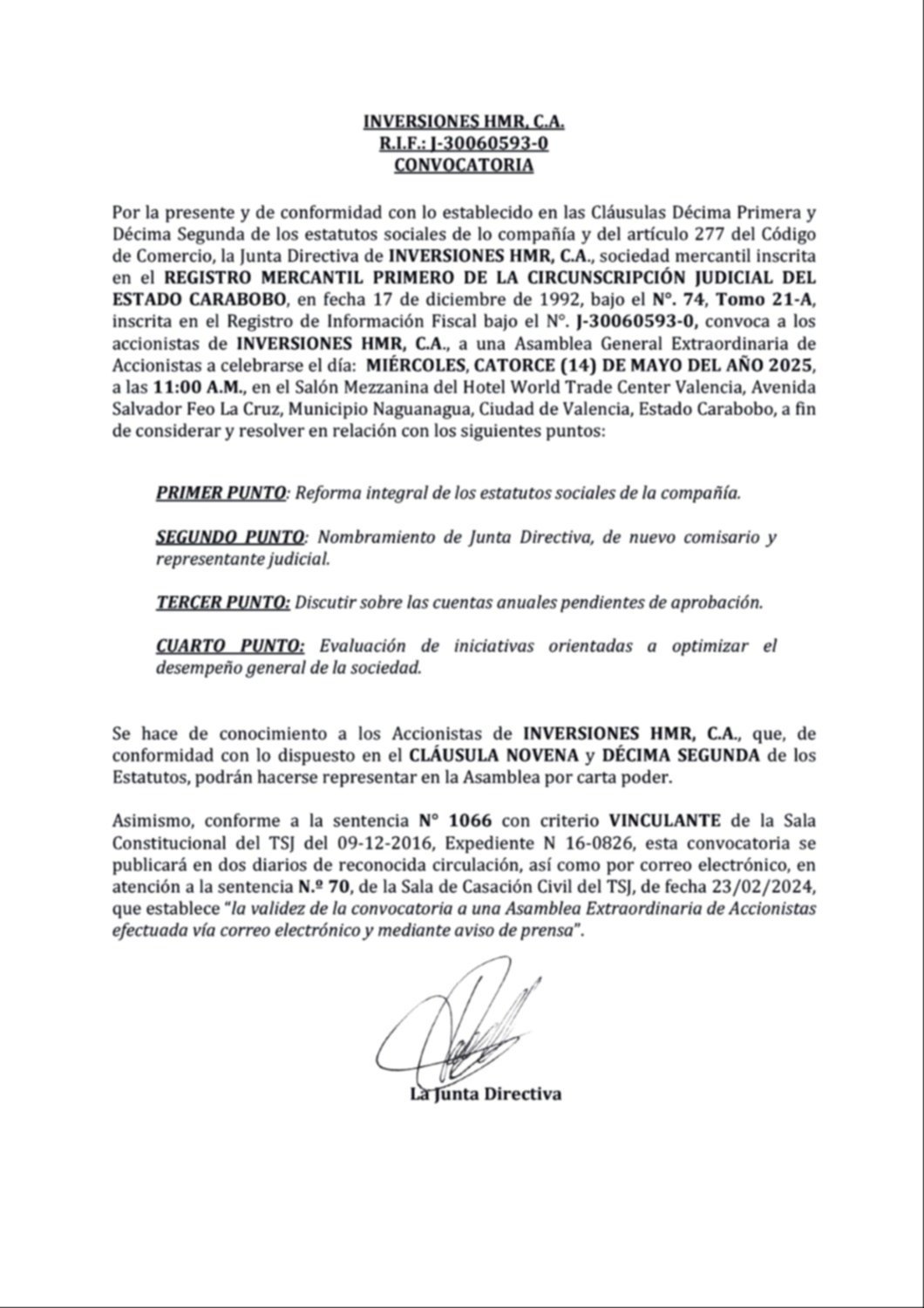 CONVOCATORIA INVERSIONES HMR C.A. 28 ABR 25