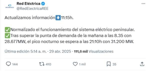Restablecido el servicio eléctrico en España y Portugal tras apagón masivo