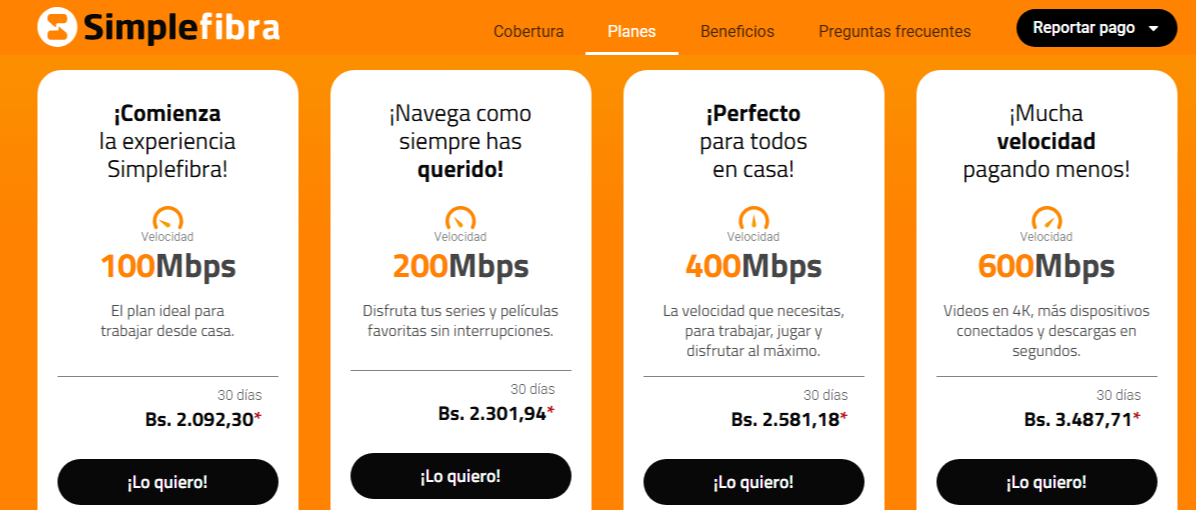 Precios de los planes de internet por fibra de Simple: desde Bs 2.092