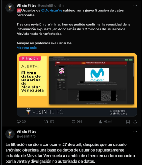Extraoficial: usuarios de Movistar en Venezuela sufrieron una filtración de datos personales
