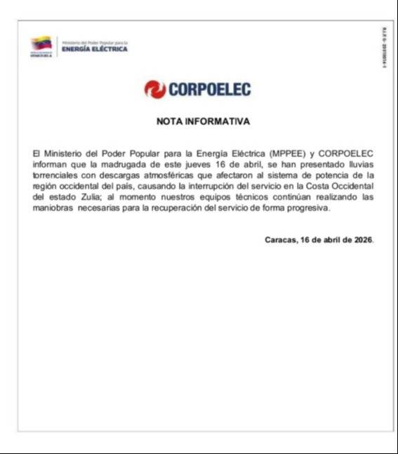 Corpoelec se pronuncia y explica detalles de la falla eléctrica en el Zulia