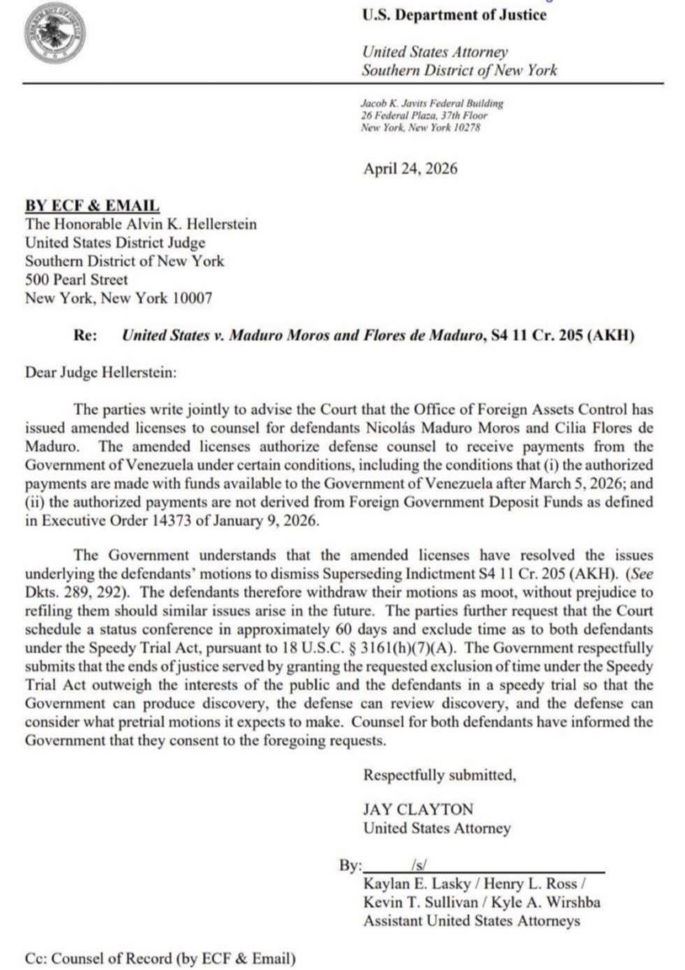 EEUU autoriza al Gobierno de Venezuela a costear la defensa de Maduro y Cilia Flores: esto se sabe