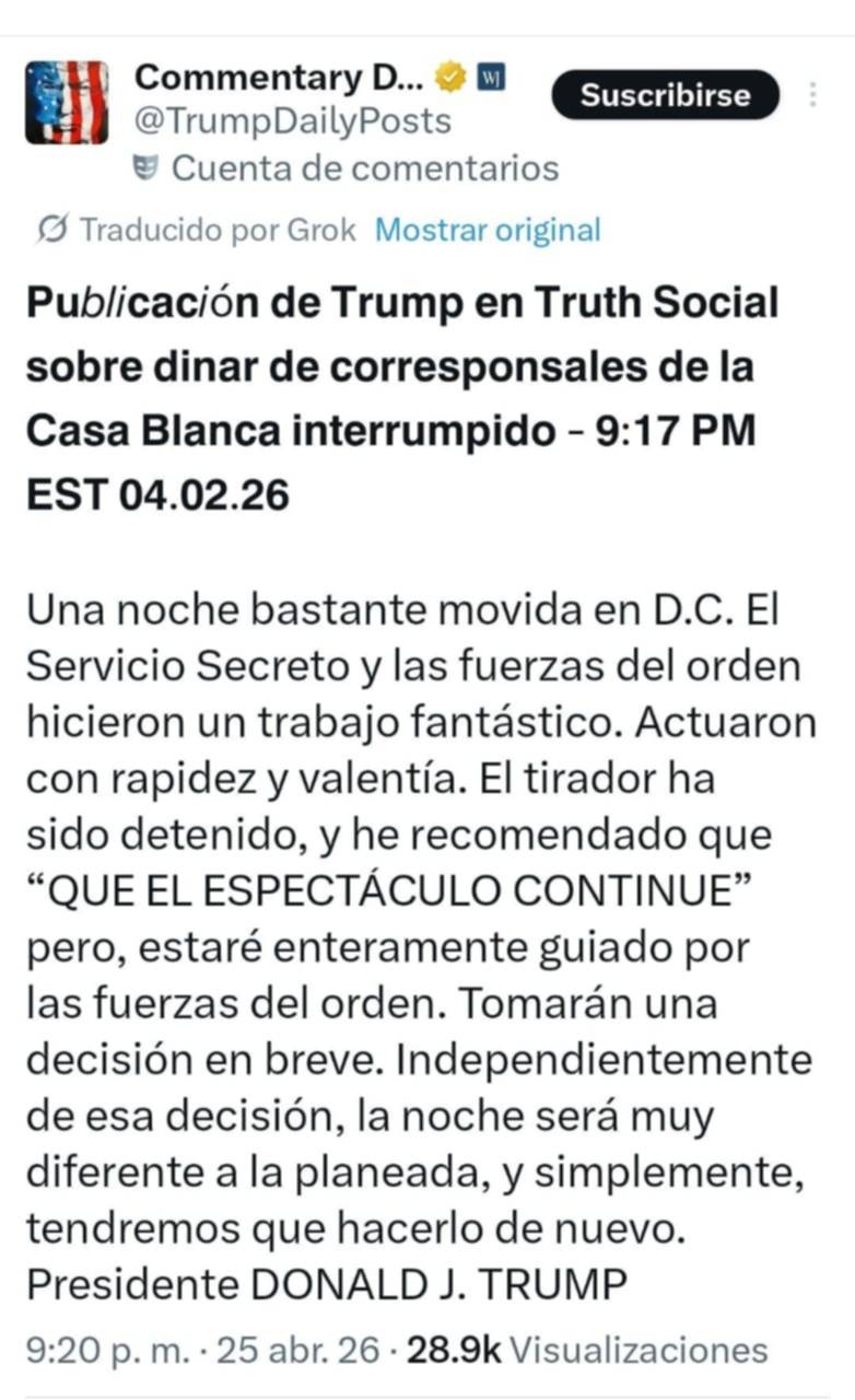 "El tirador ha sido detenido" Trump se pronuncia tras ser evacuado del hotel Hilton en Washington