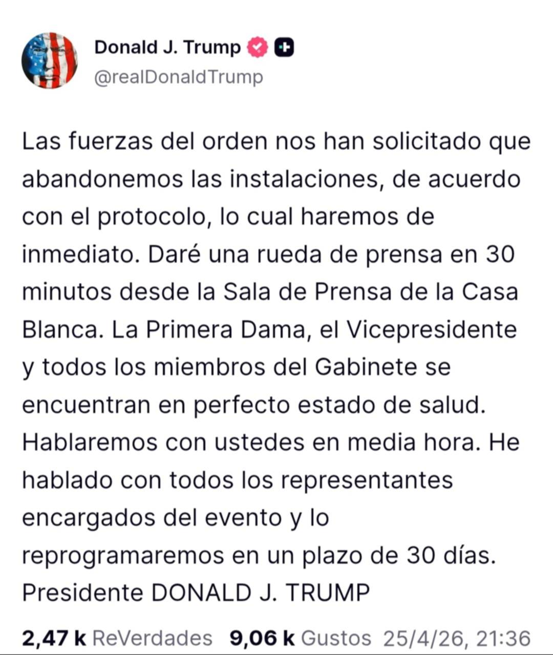 "El tirador ha sido detenido" Trump se pronuncia tras ser evacuado del hotel Hilton en Washington