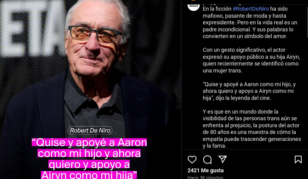 Robert de Niro sobre la transición de su hija: “Quise y apoyé a Aaron como mi hijo, y ahora quiero y apoyo a Airyn como mi hija"