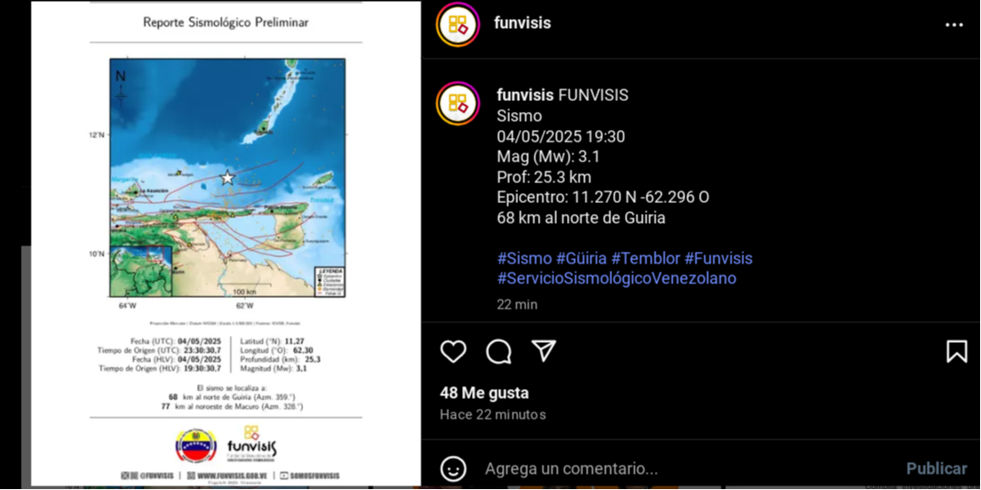 Funvisis: reportan sismos de magnitud 3,1 y 3,3 en Sucre este 4 de mayo