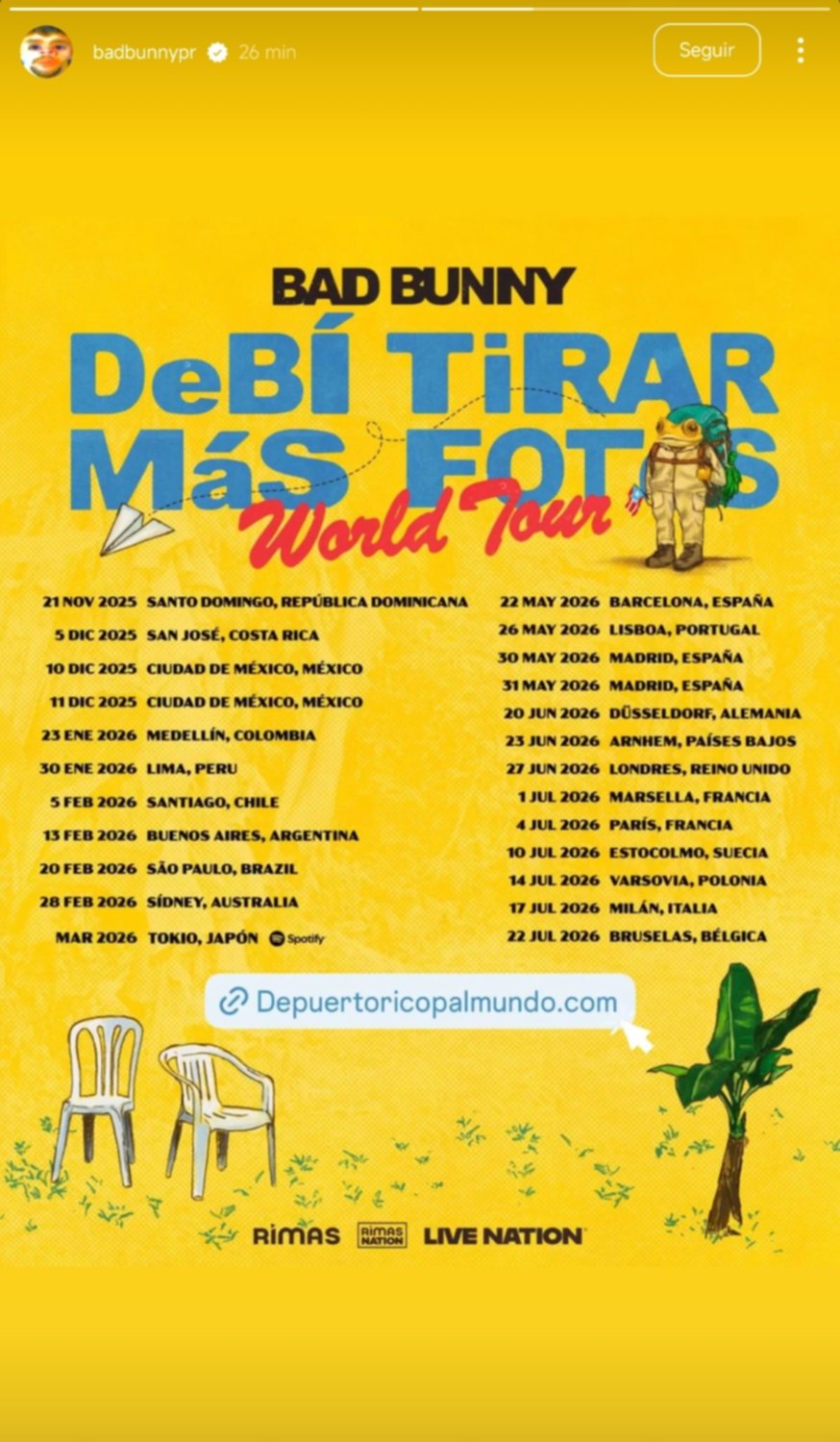 "Debí tirar más fotos World Tour": Bad Bunny confirma los rumores y presenta el calendario de su nueva gira