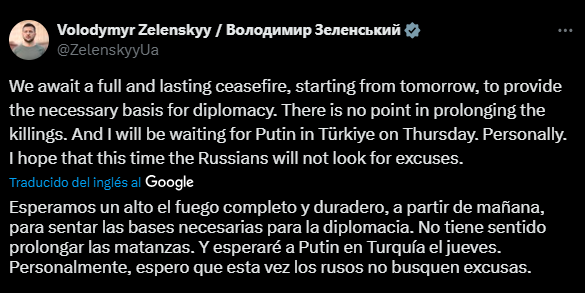 Zelensky dice estar dispuesto a conversar con Putin en Estambul: exige a cambio un cese al fuego a partir del lunes