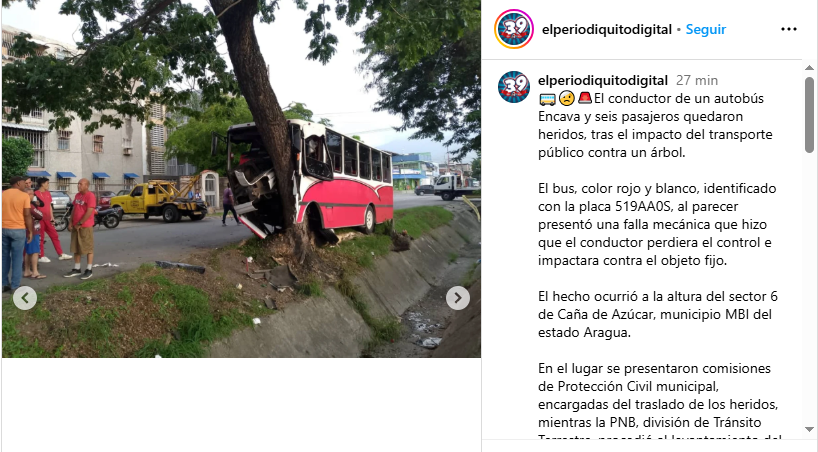 Autobús sin frenos impacta contra un árbol en Aragua: hay siete heridos